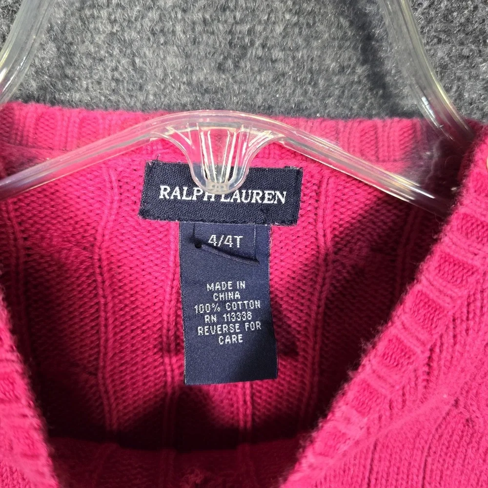 Vintage Ralph Lauren Sweater Girls 4/4T Cable‎ Knit Hot Pink Green Logo Button